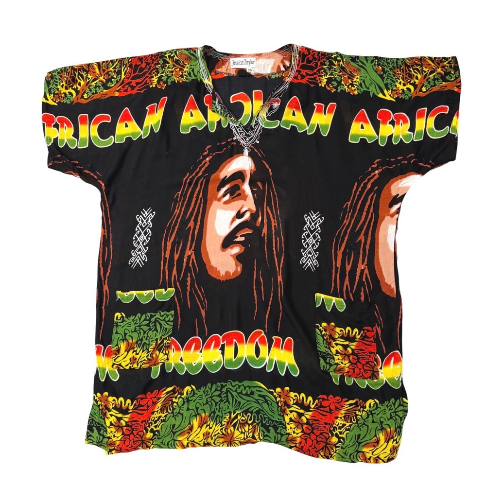 Vintage Jessica Taylor Bob Marley African Freedom Dashiki Tunic Rasta Colors OS